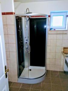 a shower with a glass door in a bathroom at Bike Stop Duna in Dunaszentmiklós