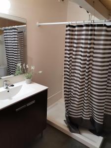 baño con lavabo y cortina de ducha en Cal Miquel de Ventolà, en Ventolà
