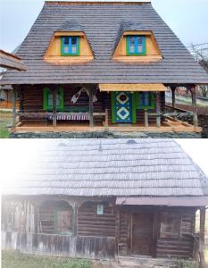 dos fotos de una casa antes y después de ser remodelada en Casa Moroșenilor - Breb, en Breb