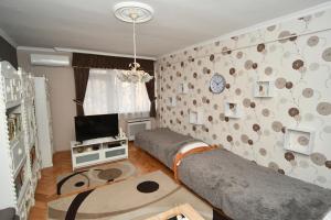 1 dormitorio con 2 camas y TV. en Habos isler apartman 16 en Szolnok