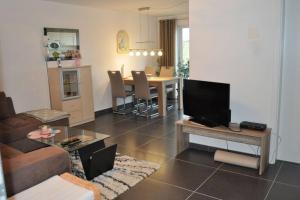 ein Wohnzimmer mit einem Sofa und einem Tisch mit einem TV in der Unterkunft Allgäu gemütliche, moderne Wohnung mit Garten-Pool in Argenbühl