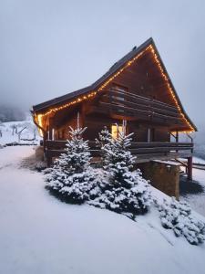 une cabane en rondins dans la neige avec des lumières sur elle dans l'établissement Wiślański Domek z Bajki, à Wisła