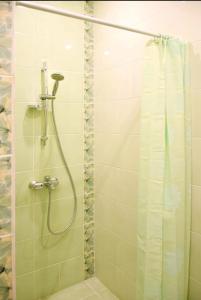 a bathroom with a shower with a shower curtain at Hotel Eliziy in Aramil'