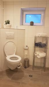 a bathroom with a white toilet and a window at Lilli Ferienwohnung in Handewitt