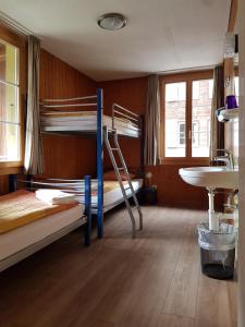 Zimmer mit 2 Etagenbetten und einem Waschbecken in der Unterkunft Hornerpub Apartments in Lauterbrunnen