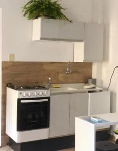 uma cozinha branca com um fogão e um lavatório em Prado Guest House 2 em Florianópolis