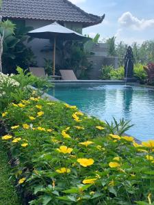 a swimming pool with an umbrella and yellow flowers at Paraiso Cottage Ubud in Ubud