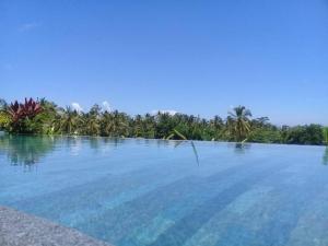 a swimming pool with blue water and trees in the background at Paraiso Cottage Ubud in Ubud