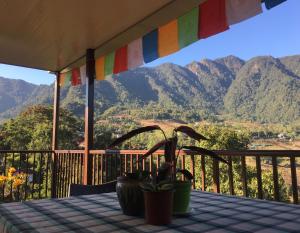 a table with potted plants on a balcony with mountains at Martam Village Homestay in Gangtok