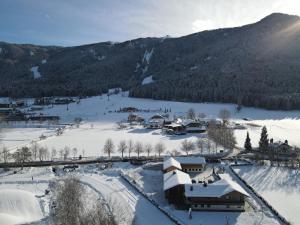 a village covered in snow with mountains in the background at Luxury Chalet Trumpfer in Riscone