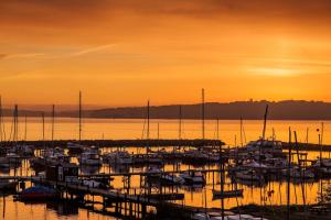 a group of boats docked in a marina at sunset at Hotel Wassersleben in Flensburg