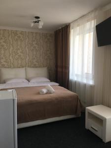 a hotel room with a bed with a window at Elegia in Trostyanetsʼ