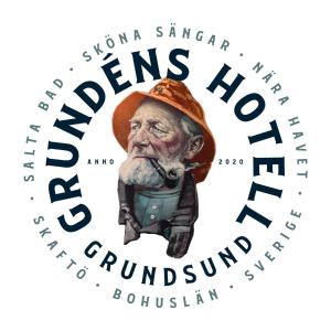 un dibujo de un hombre usando un sombrero con las palabras Sabueso venezolano en Grundéns Hotell en Grundsund