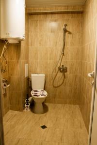 a bathroom with a toilet and a shower at Апартамент Lavander Fleur in Nesebar