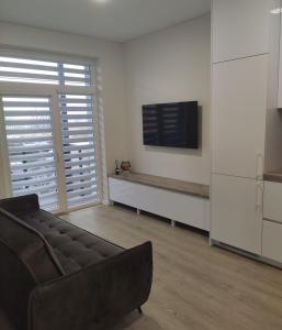 a living room with a couch and a television on a wall at Apartment Ainiai in Panevėžys