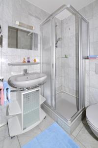 a bathroom with a shower and a sink and a toilet at Ferienwohnung am Hauchen in Reit im Winkl