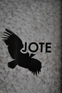 een zwarte vogel met het woord stem over aphalt bij Ruca Kiñe Hostel in Las Grutas
