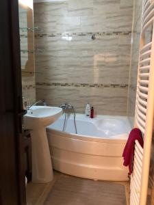 een badkamer met een bad, een wastafel en een bad bij Apartament modern Târgoviște în regim hotelier in Târgovişte