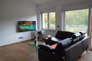 a living room with a leather couch and a glass table at FeWo Eifel in Frohngau
