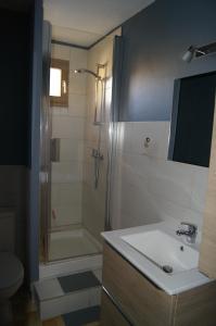 een badkamer met een douche, een wastafel en een bad bij Les Locations de Lara IV - T2 spacieux Parking privatif Près port, plage, Ile des Loisirs in Cap d'Agde