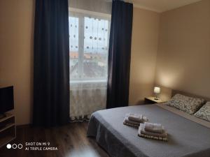 a bedroom with a bed and a window with towels on it at Apartments Domovik Мостова 5 кв 44 in Mukacheve