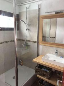 a bathroom with a shower and a sink at Boost Your Immo Chalet Vars 371 in Vars