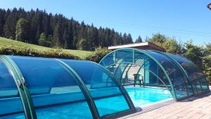 a swimming pool with a dome and a greenhouse at Stockis Mountaindestillerie - Appartements in Leogang