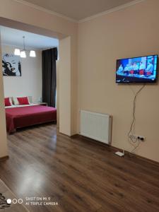 uma sala de estar com uma cama e uma televisão de ecrã plano em Apartments Domovik "Elegance" em Mukachevo