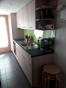 een kleine keuken met een wastafel en een fornuis bij Ferienwohnung Gafner in Brienz
