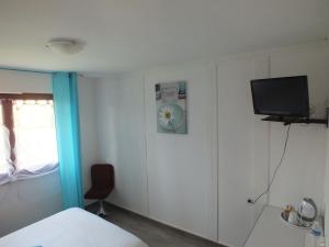 a bedroom with a bed and a tv on the wall at Hotel Restaurant Le Manguier in Peyrat-de-Bellac