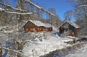 une cabine dans la neige avec des arbres enneigés dans l'établissement Dom w Uhryniu, à Uhryń