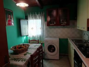 a kitchen with green walls and a table with a washing machine at Casa vacanze a due passi dal mare in Avola