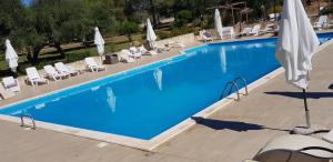 une grande piscine bleue avec des chaises et des parasols dans l'établissement Relais d 'Itria, à Grottaglie