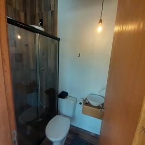 a bathroom with a toilet and a shower and a sink at Suite confortável 5 in Florianópolis