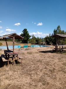 - une table de pique-nique et des chaises à côté de la piscine dans l'établissement Cabañas de la Laguna, à Parral