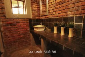 a bathroom with a sink and a brick wall at Casa Camacho in Marloth Park