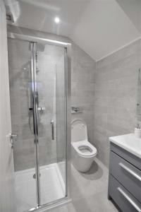 y baño con ducha, aseo y lavamanos. en Two bedroom flat next ot brighton seafront sleep 6 en Brighton & Hove