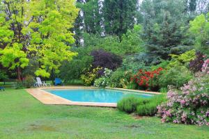 a swimming pool in the middle of a garden at Casa Glebinias in Chacras de Coria