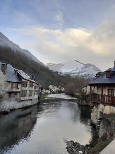 ein Fluss in einer Stadt mit Häusern und Gebäuden in der Unterkunft PAS à PAS CHAMBRE D'HOTES in Sarrancolin