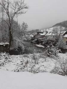 ein schneebedecktes Feld mit einem Fluss und Häusern in der Unterkunft PAS à PAS CHAMBRE D'HOTES in Sarrancolin