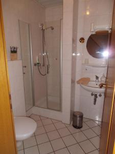 ein Bad mit einer Dusche, einem WC und einem Waschbecken in der Unterkunft Weingut-Gästehaus Karl Otto Nalbach in Briedel