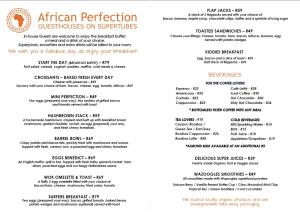 menu dla afrykańskiego perfekcjonisty na superstar w obiekcie Aloe Again w mieście Jeffreys Bay