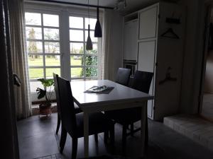 einen Esstisch und Stühle in einem Zimmer mit Fenster in der Unterkunft Skovboferie Apartments BB in Blåhøj Stationsby