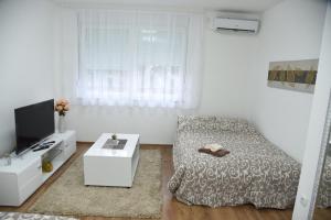 una camera da letto bianca con un letto e una TV di Apartmani Sofronic Loznica 1 a Loznica