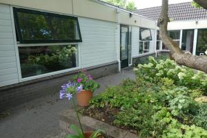 un giardino con fiori e piante di fronte a una casa di Huis bij de Catalpa a Dordrecht