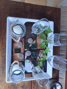 a tray with wine glasses and a plant at The Leopard Tree in Polokwane
