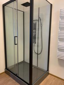 una ducha de cristal con cabezal de ducha en una habitación en Pension & Apartments Waldkrieber, en Presseggersee