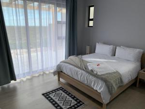 um quarto com uma cama e uma grande janela em 402 in Romansbaai - with solar power em Gansbaai