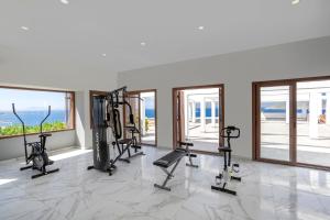 a gym with cardio equipment in a room with windows at Vega Aparts in Gümüşlük