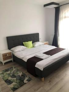 ein Schlafzimmer mit einem großen Bett mit grünen Kissen in der Unterkunft Holiday Luxury Villa with private Garden in Şelimbăr
